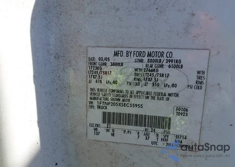 2005 Ford F-250 Xl/Xlt из США, поврежденный, VIN 1FTNF205X5EC55955